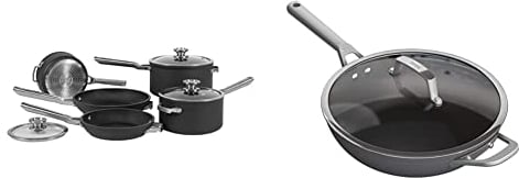 Ninja Foodi ZEROSTICK 5-Piece Pan Set, Stackable Hard Anodised Aluminium, [C55000UK] & Foodi ZEROSTICK 28cm Wok, Hard Anodised Aluminium, [C30928UK] Non-Stick, Induction Compatible