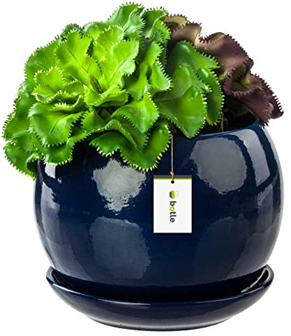 botle Blumentopf Blumenübertopf dunkel blau Kugel Blumenschale mit Untersetzer Rund BxH 110 mm x 100 mm Oberfläche Glanz Keramik Modern Glamour