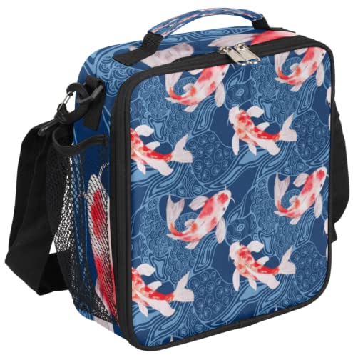 Lonchera japonesa Koi Carps Lonchera Lonchera con aislamiento Goldfish Lonchera bolsa térmica con correa de hombro ajustable extraíble para mujeres y hombres, oficina, picnic