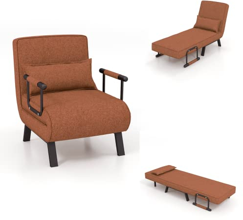 LIFEZEAL Schlafsofa klappbar, Multifunktionaler Schlafsessel mit 5-Fach Verstellbarer Rückenlehne, Schlafsofa Loungesofa mit Kissen, Sofa für kleine Häuser, Wohnung, Büro, bis 150kg (Braun)