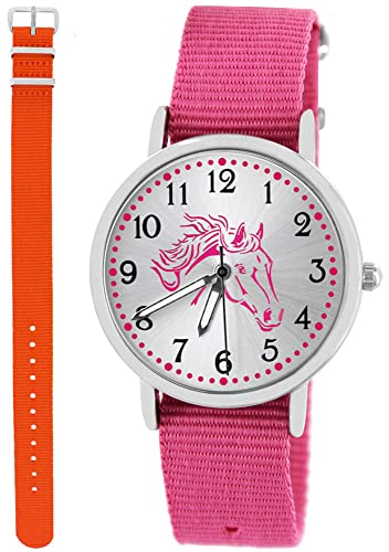 Pacific Time Kinder Armbanduhr Mädchen Junge Pferd Kinderuhr Set 2 Textil Armband rosa + orange analog Quarz 10566