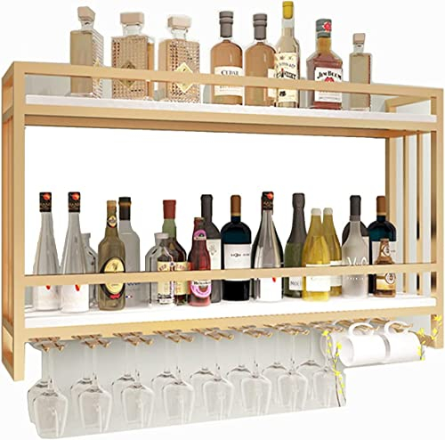 JUNNIU Industrielle Wand-Weinregale, Weinflaschen-Stielglas-Regal zur Wandmontage, rustikales Metall-Hängeregal für Weinflaschen, Organizer, Gold/Schwarz Decoration