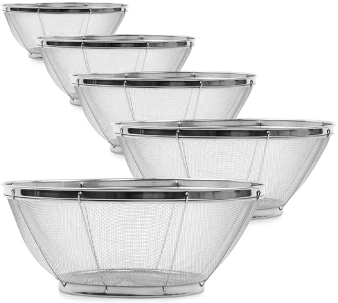 Pasta Strainer Set Large Mesh Colander,5 Pack Large Fine Mesh Pasta Strainer Metal Colander for Rice, Quinoa & Yogurt - 7.5, 8.7, 9.8, 11 & 12.2 Inch - Stainless Steel Kitchen Strainer