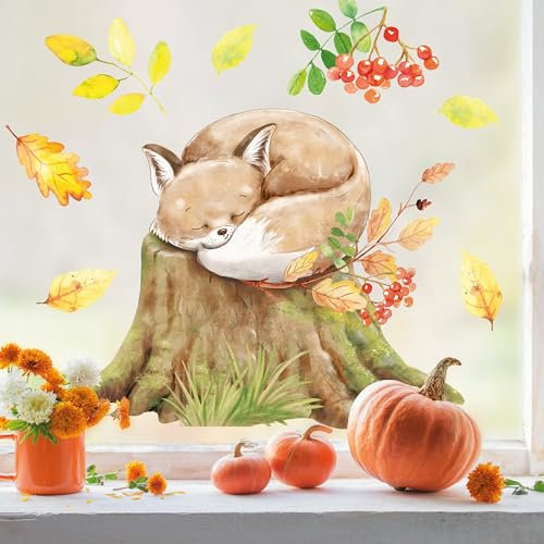 Wandtattoo Loft Fensterbild Herbst Fuchs auf Baumstamm, A3 Bogen, Herbstdeko Fenster Kinderzimmer, Herbstbilder Fenster, Fensterbild Herbst Kinder, Herbstblätter Fenster, Fensterfolie Herbst