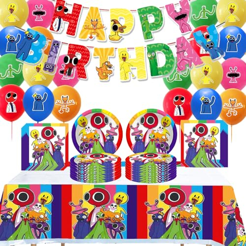 DecPtyTa Party Decoration Pack,Decoration Rainbow Friends Anniversaire Assiette Nappes Serviettes Ballons Happy Birthday Bannières etc,Idéal Pour 20 Personnes (A)