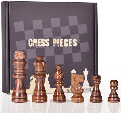 SANCHKEN 32 Pieces Wooden Chess Pieces 3 Handcrafted Chessmen (Pieces Only) Tournament Staunton Chessmen with Storage Bag with King Figures Chess Game Chess Accessories