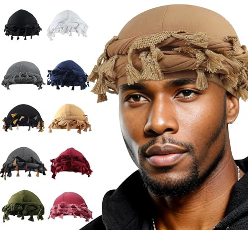 Babalet Halo Turban for Men Women Satin Lined Durag Head Wraps Scarf Skull Cap Pre-Tied Tassel Beanie Sleeping Bonnet Headwraps Chemo Hair Loss Hat,Khaki