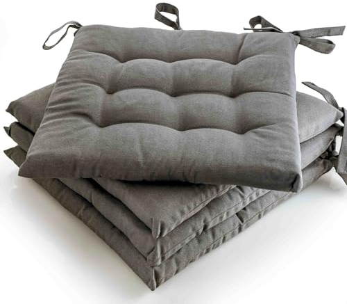 etérea 4er Set Sitzkissen Outdoor 40x40 mit Bändern - Stuhlkissen Anthrazit für Gartenstuhl & Innenbereich - waschbare Sitzauflagen Gartenmöbel - 4 Stück Kissen 40x40 cm - Anthrazit