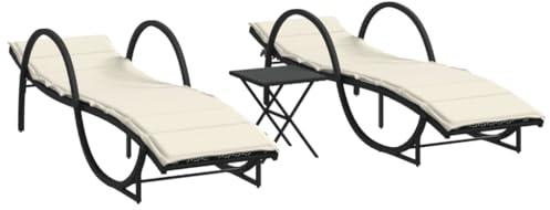 vidaXL Sonnenliegen 2 STK., Sonnenliege mit Tisch Kissen, Gartenliege für Außenbereich, Liegestuhl Relaxliege Gartenmöbel, Schwarz Poly Rattan