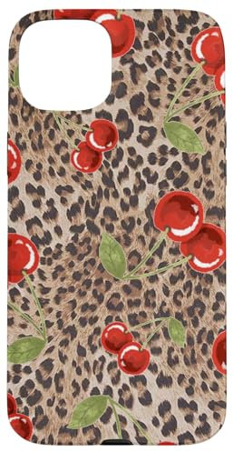 iPhone 15 Plus Cute Cherry Cherries On Cheetah Leopard Print Girl Women Case