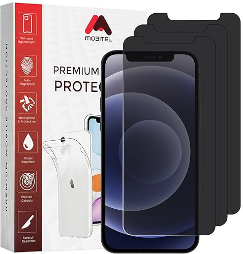 Mobitel 3-Pack Privacy Screen Protector for iPhone 12 & iPhone 12 Pro, 6.1 inch 9H Hardness Anti Spy Tempered Glass Privacy Filter Screen Protector Anti-Water, Anti-Scratch, Bubble-Free Case Friendly