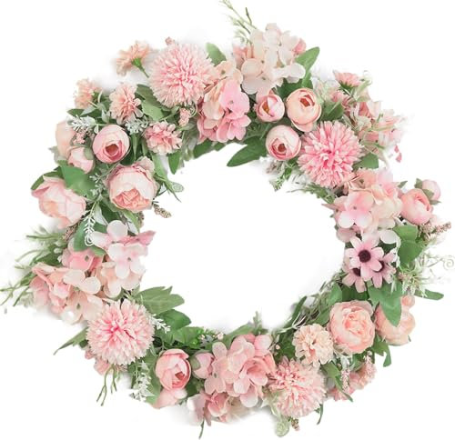 Prismoria 40CM Wreath Door Peony Round Wreath Artificial Flower Wreath Four Seasons Front Door Wreath, Flowers Floral Door Wreath, for Farm, Wedding, Home Decor Pink