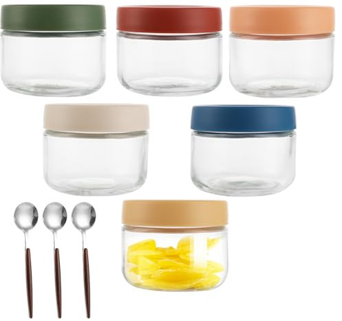 VIDETOL Overnight Oats - Juego de 6 tarros de cristal reutilizables con tapa de rosca y cuchara, 300 ml, para cereales, pudín, yogur, gachas, mermelada