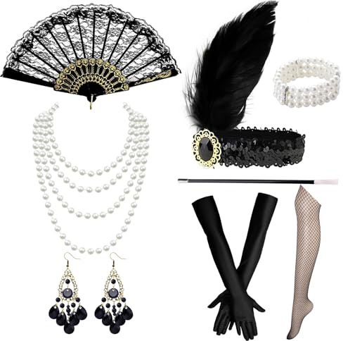 Forhandy 11 Stück 20er Jahre Accessoires, Great Gatsby Accessoires Damen | Party Kostüme mit Flapper Stirnband Handschuhen Perlenkette Ohrringen Strümpfe für Fasching Karneval, Halloween, Weihnachten