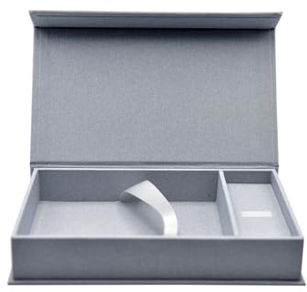 Elegantdisk Erinnerungsbox mit USB Slot. Geschenkbox für USB-Sticks und Fotoabzüge 13x18cm, Aufbewahrungsbox Hochzeitsbox, Fotobox, Fotogeschenk, 26x15 cm (HGrau)