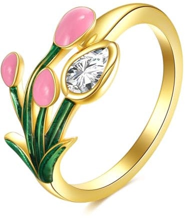 POPLYKE Tulips Flower Ring Sterling Silver Boho Adjustable Open Ring Spoon Ring Vintage Thumb Rings for Women