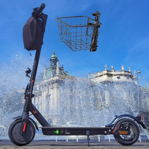 E9 E Scooter mit ABE, Reichweite bis zu 30 km, 350-Watt-Motor-Elektroroller mit 8,5-Zoll-Wabenreifen, Doppelbremsen und Doppelfederung, 20 km/h (Schwarz mit Front Körbe)