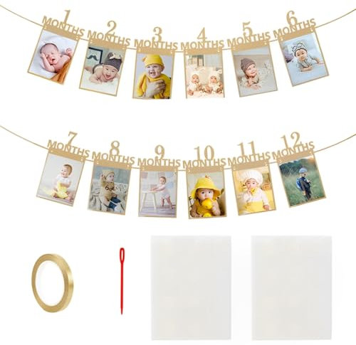 iCovalescent Foto Banner, Banner con Banderines para Primer Cumpleaños Bebé, Pancarta Fiesta Cumple Mes Regalo Recuerdo Recién Nacidos (Papel Kraft)