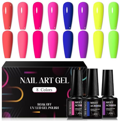 MEET ACROSS 8 Farben Neon Gel Nagellack Set UV Nagellack Neon Pink Blau Gelb Orange Lila Gel Nail Art Set für DIY Salon Geschenke für Frauen