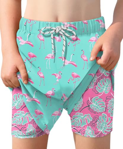 BesserBay Jungen UPF 50+ Badehosen mit Kompression Innenhose Taschen Schwimmshorts Türkis Rosa Flamingo 150