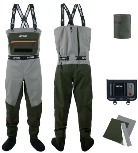 Goture Atmungsaktive Wathose Herren Wasserdicht, 5-Lagen Nylon Angeln Brustwathose mit Abnehmbarem Ausrüstungsgürtel, 25000mm WPR, 4mm Neopren-Füßlinge für Fliegenfischen