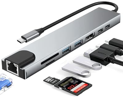 Hub USB C 8 en 1, Docking Station USB C con 4K HDMI, Lector de Tarjetas SD/TF, USB 3.0, PD 100W, Adaptador para MacBook Pro Air/iPad/Galaxy/Samsung//Surface/Steam Deck, Windows, Laptop, PC