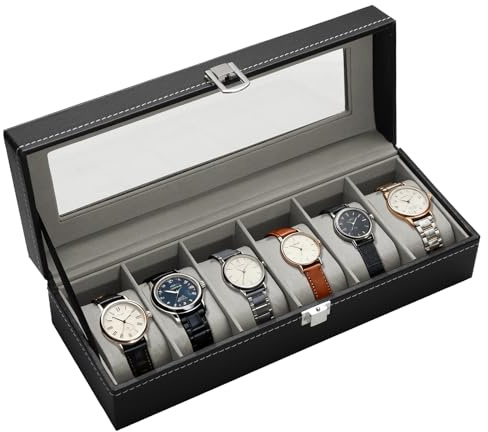 OulQinyhome Porta Orologi 6 Posti Scatola per Orologi in PU con coperchio in vetro acrilico Cuscinetti Rimovibili Idea Regalo per Uomo e Donna Compleanno Festa del Ringraziamento