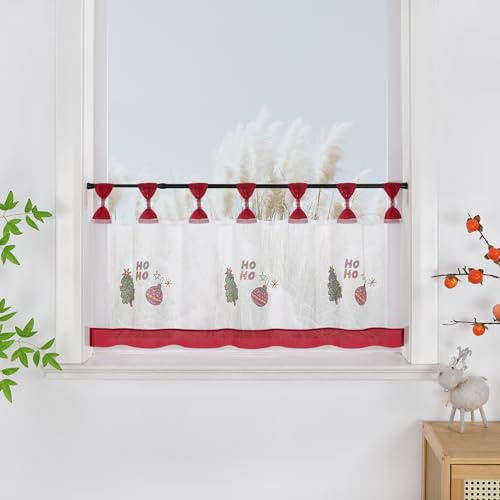 Yujiao Mao Weihnachts Scheibengardine mit Tannenbäume-Stickerei Bistrogardine Festliche Fensterdeko für Küche Bad Schlaufen Transparent Weiß H60xB120cm, 1 Stück