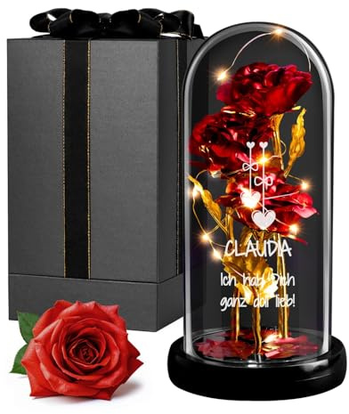 Maverton ewige Rose im Glas mit LED-Beleuchtung - Infinity Rose mit Gravur personalisiert - Geschenke für Frauen zum Valentinstag zu Weihnachten - Geburtstagsgeschenk für Frauen | Ewige Blume, Geschenk für Mama, künstliche rote Rose, 21 x 11 cm, mit LED-Licht, Geschenkidee für Geburtstag, Damen, Original