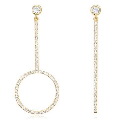 LÖB 750 Gold vergoldet Ohrringe Hängend Asymmetrisch Zirkonia Stab Ring Damen Ohrhänger Hängeohrringe Glitzer Ohrstecker Anhänger Kreis Modern XXL