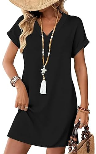 makabaky Sommerkleid Damen Kurzarm V-Ausschnitt A-Linie Strand Taschen | Lässiger Schnitt, Weicher Stoff, Ideal für Hochzeitsgast, Büro, Party und Alltag