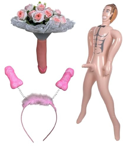 CUPIDO TOYS Set 3 pz 1 Bambolo Gonfiabile con Pene - 1 Bouquet - 1 Frontino con Piselli Kit Divertente per Addio al Nubilato, Gadget Pisello per la Sposa, Giochi per la Festa di Addio al Nubilato