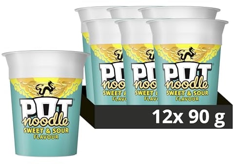 Pot Noodle Sweet & Sour Standard Pot instant vegan* snack quick to make noodles, 12 x 90g