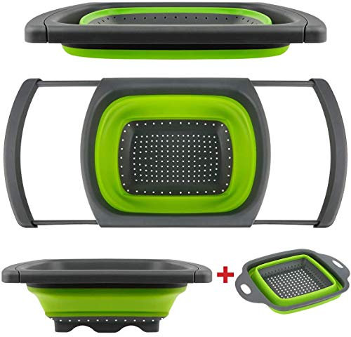 Colander Collapsible, Kitchen Strainers with Extendable Handles, 6-Quart Capacity Over The Sink Colander, Folding Strainer for Draining Fruit & Pasta & Vegetable, Free Bonus Mini Collapsible