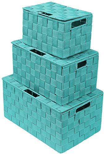 Sorbus Storage Basket with Lid, 3-Piece Woven Set for Shelves (Aqua)