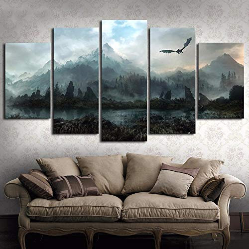 XSHUHANP Kunstdrucke Auf Leinwand Wandkunst Bilder Home Decor 5 Stücke Thrones Drachen Skyrim Gemälde Für Wohnzimmer Modulare Drucke Plakatrahmen