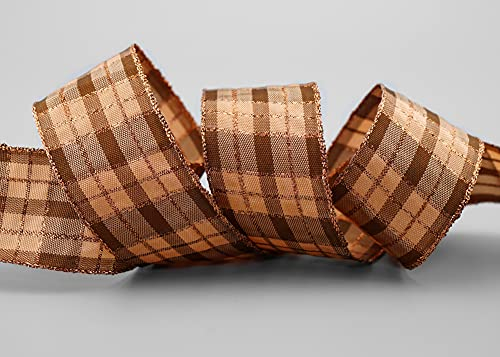 20 m x 40 mm Karo Weihnachtsband BRAUN KUPFER (149) mit Lurex Drahtkantenband Bronze Dekoband Geschenkband Schottenkaro Glanzband Goldkante Draht Schleifenband Winter Christmas Check
