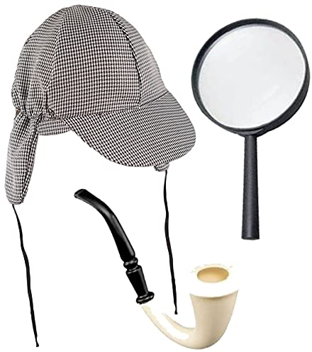 Dreamzfit - Detektivkostüm für Erwachsene, zum Welttag des Buches, Halloween-Partys – Sherlock Holmes Kostümzubehör-Set, Deerstalkerhut + Lupe + gefälschte Requisite im viktorianischen Look
