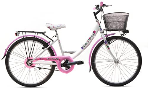 MADICKS Bicicletta Bambina Ragazza da Passeggio Misura 24 Bici con Cestino Floreale Bianco Rosa