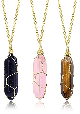 ASH'S CHOICE Kristall Kette Set, 3 Stücke Kristalle Heilsteine Kette Sechseckig Edelstein Anhänger Heilkristalle Kette Blauer Sandstein Tigerauge Halsketten Gold für Damen Men (6 Color Set)