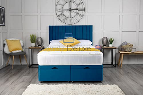 Comfy Deluxe LTD Plush Velvet Ottoman Storage Divan Bed Side Lift Open with Vertical Panel Apollo Headboard (4FT6 Double (140cm X 192cm), Blue)