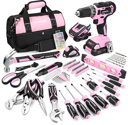 WORKPRO Kit di Attrezzi Rosa Con Trapano Avvitatore a Batteria Agli Ioni di Litio da 20 V - Set di 157 Pezzi per la Casa