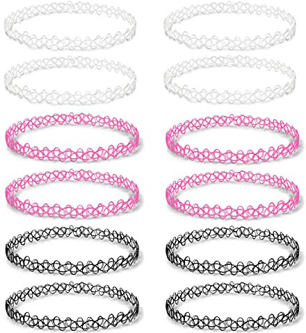 12 Pezzi Girocollo Gotico Regolabile.Catena Clavicola Punk Girocollo.Gioielleria alla Moda.Elastici Chocker in Plastica.Collane Girocollo Gotiche.Girocollo Gotico Donna/Colore Nera,Rosa,Bianco