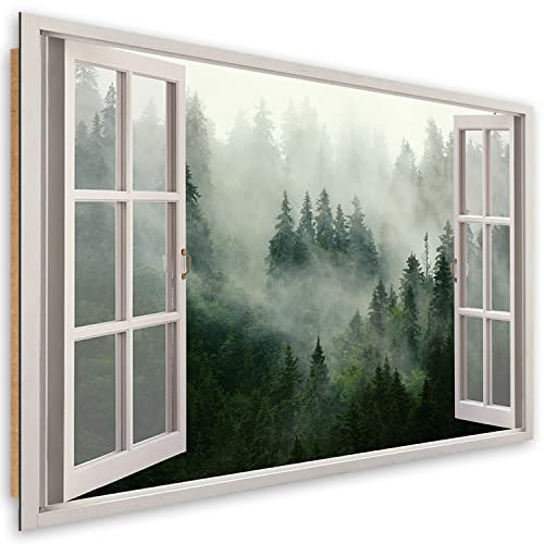 Feeby - Wandbilder Wohnzimmer 120x80 cm, Deko Paneel Bilder, Bilder für Schlafzimmer, Echter Gemalter Effekt, Moderne Wanddeko, Gemälde - Fensterblick Wald im Nebel - Grün