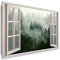 Feeby - Wandbilder Wohnzimmer 120x80 cm, Deko Paneel Bilder, Bilder für Schlafzimmer, Echter Gemalter Effekt, Moderne Wanddeko, Gemälde - Fensterblick Wald im Nebel - Grün