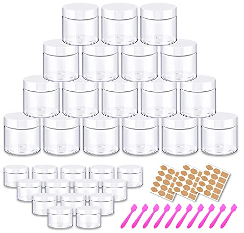 Pots simples de 60 ml avec couvercles blancs | Lot de 48 petits échantillons transparents pour crème, beurre corporel, ombre à paupières, strass, gommage à lèvres, voyage