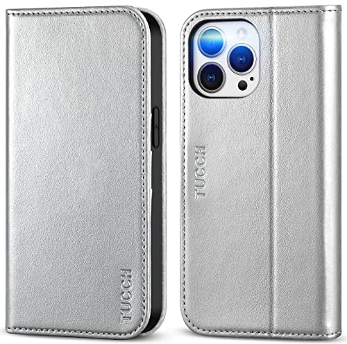 TUCCH Case for iPhone 13 Pro Max (6.7) 2021 5G, Protective PU Leather Wallet Stand Folio Cover with[Card Slot][RFID Blocking][Shockproof TPU] Compatible with iPhone 13 Pro Max, Shiny Silver