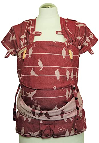 Fräulein Hübsch WrapCon Babytrage - passt ab Geburt bis ins Kleinkindalter (15kg) - Bauch- & Rückentrage - Anhock-Spreiz-Haltung wie im Tragetuch - 100% Biobaumwolle - Farbe Birds on a Wire Bordeaux