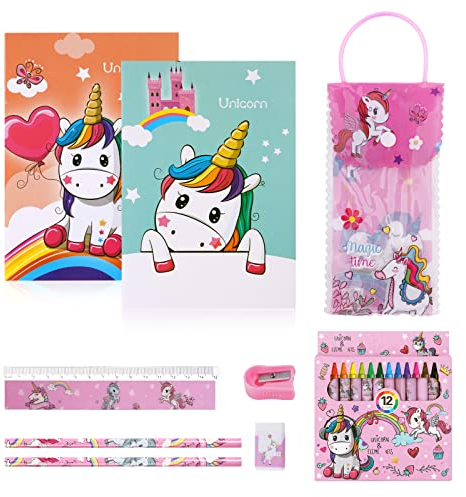 Vicloon Einhorn Geschenke für Mädchen, Einhorn-Schreibwaren-Set, Einhorn Schreibset, Einhorn-Notizbuch, Bleistift, Kreide, Lineal, Spitzer, Radiergummi, Weihnachts Geburtstag Geschenk für Mädchen(A)
