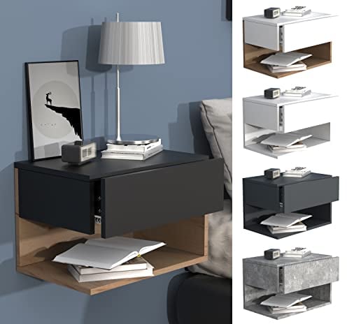 VCM Holz Wandschublade Nachtschrank Wandboard Schublade Konsole Nachttisch Usal XL 45 cm Weiß/Honig-Eiche
